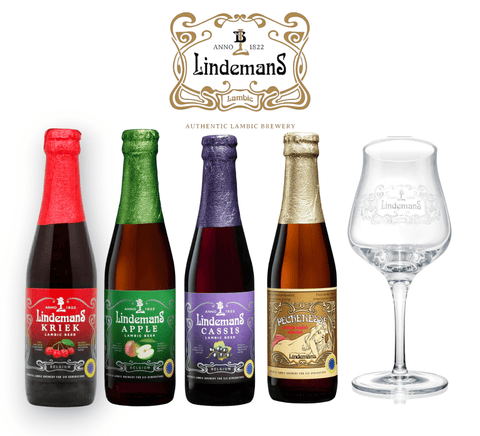 Lindemans Fruchtbier Mixpaket 0,25 l + Originalglas – Kriek, Apple, Cassis, Pecheresse